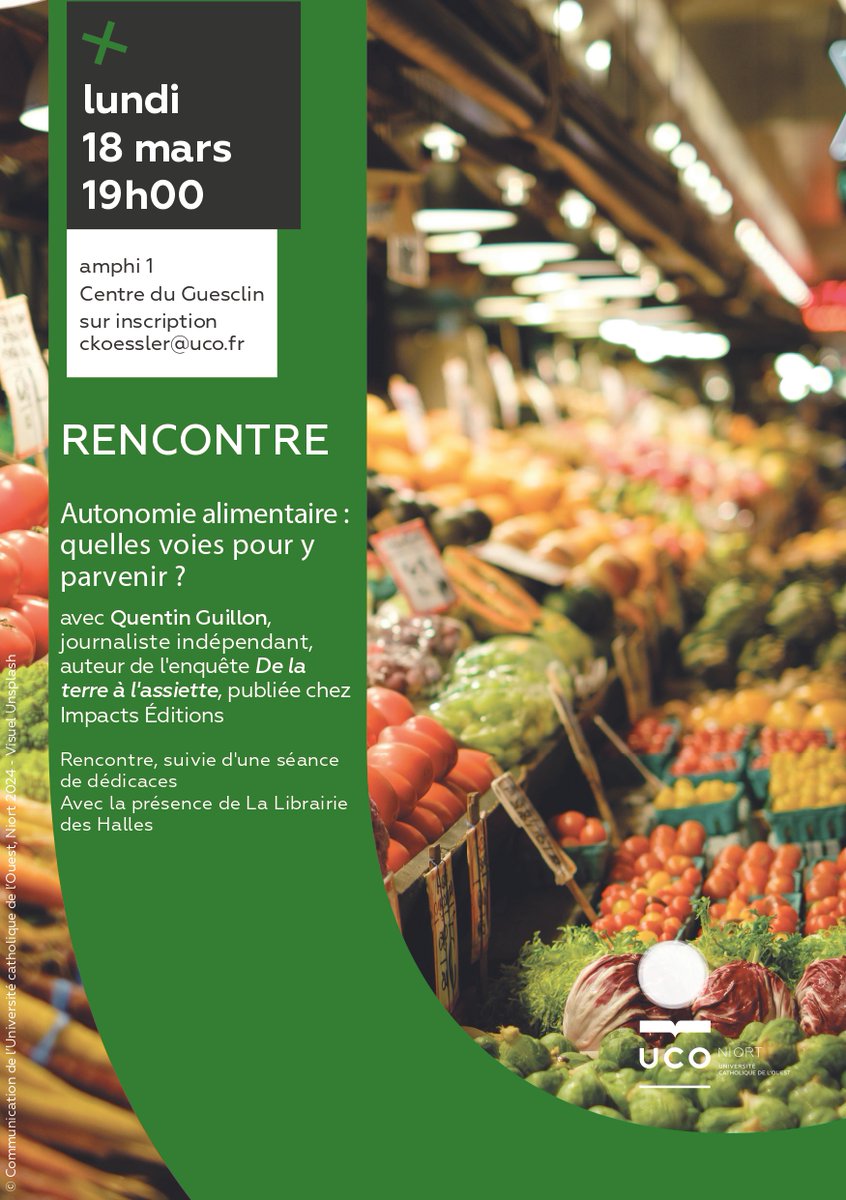 [Rencontre]📣 Le 18 mars prochain, l'UCO Niort a le plaisir de recevoir le journaliste <a href="/QGGuillon/">Quentin Guillon</a> auteur de l'enquête De la terre à l'assiette, publié chez <a href="/ImpactsEditions/">Impacts Editions</a> 
Inscriptions en ligne …e-alimentation-uconiort.eventbrite.fr
#rencontre #uconiort <a href="/e_niort/">e_niort</a> <a href="/Mairie_Niort/">Ville de Niort</a>