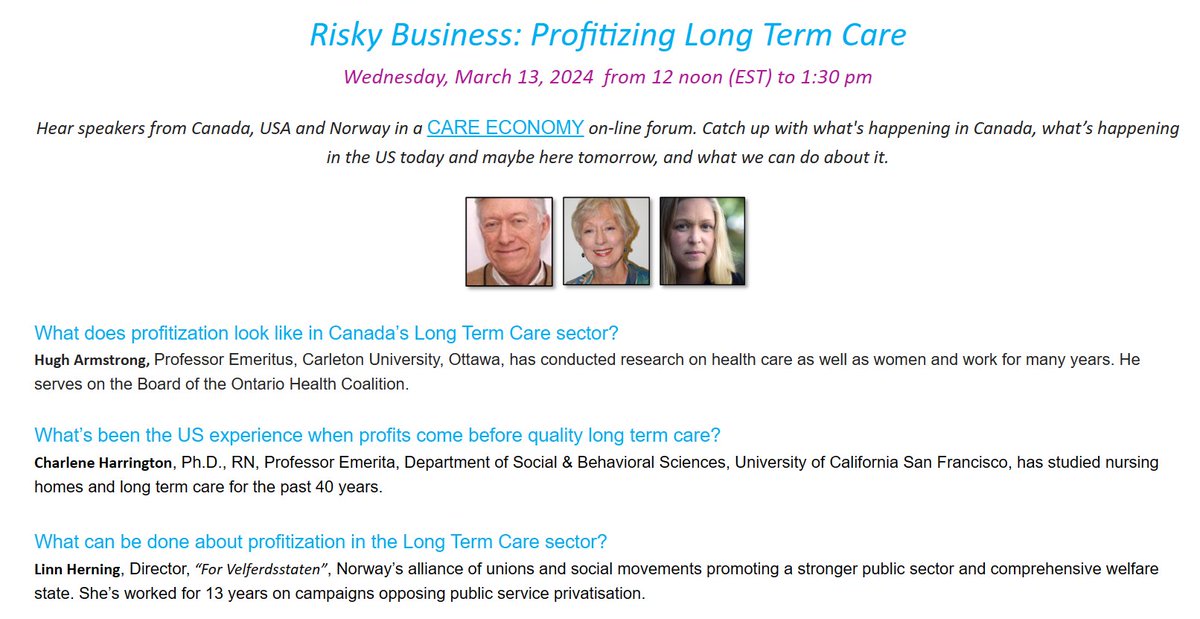 Tomorrow at noon EST, join a free webinar on the for-profitization of long-term care from a Canadian, American and Nordic perspective. Find out what's happening, what could happen next, and what we can do about it. thecareeconomy.ca/wp-content/upl… #cdnecon
