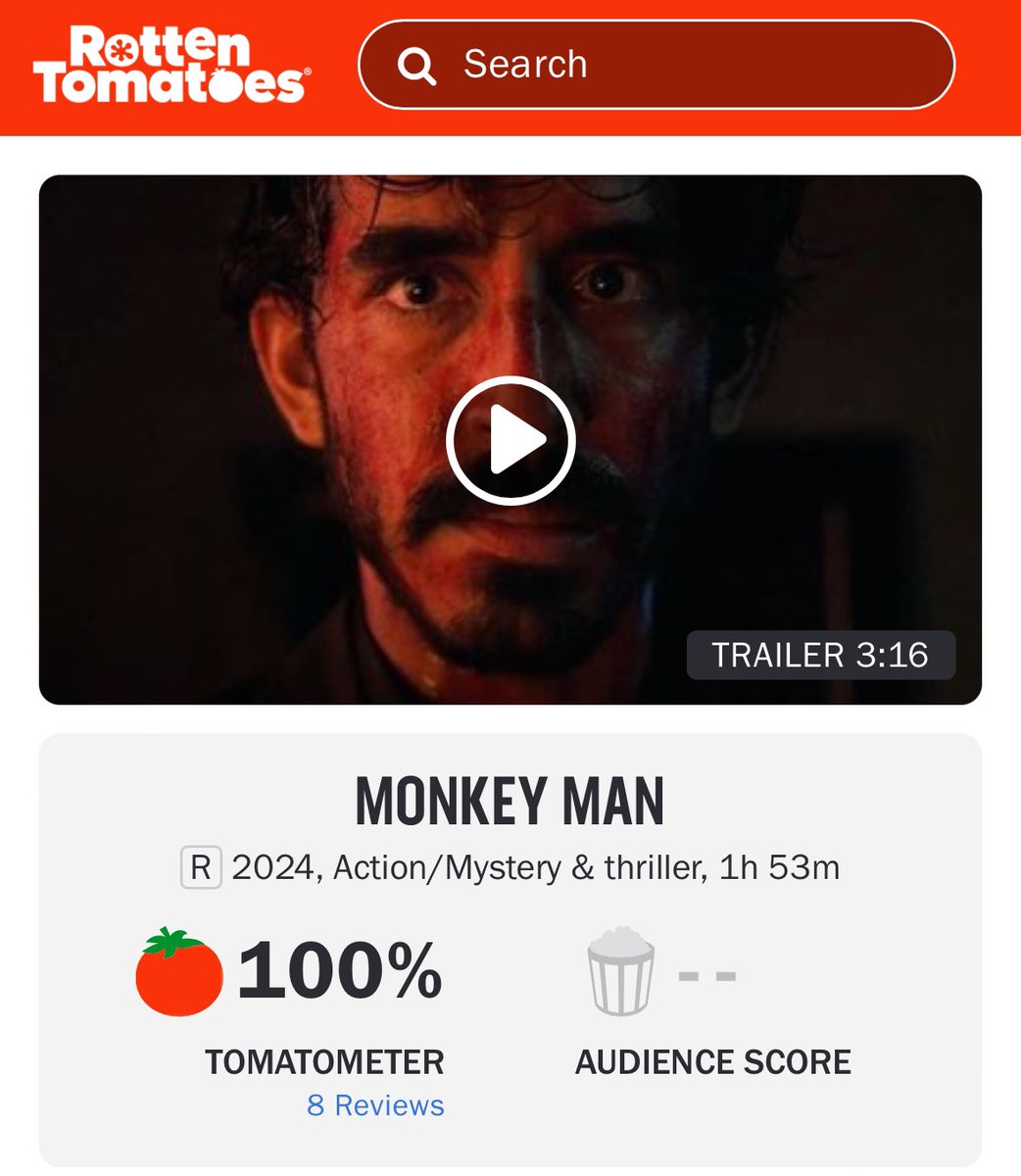 Dev Patel’s ‘MONKEY MAN’ debuts with 100% on Rotten Tomatoes.