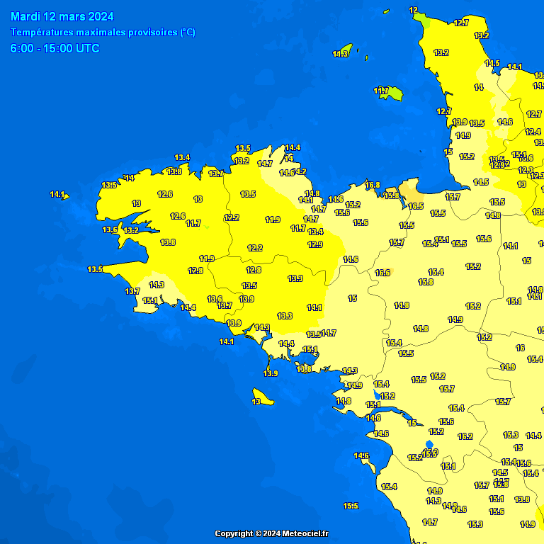 SebDecaux's tweet photo. #Bretagne #météo
Malgré l'omniprésence des nuages, les températures maximales étaient très douces ce mardi 12 mars.
🌡️Il a fait 16.6°C à #Bleruais (35) et 16.8°C à #SaintCast (22)
Carte: @meteociel https://t.co/SveE4JMRft