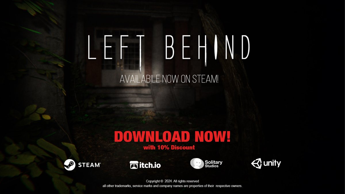SolitaryGames's tweet photo. Left Behind is finally on STEAM!
Grab your copy now and experience the real horror!
Download Now (10% Release Discount!)
https://t.co/GppDrXx6of
#Steam #SteamGame #HorrorGame #IndieHorror #NewIndieHorror #HorrorGame #PcGaming #PinoyGame #PinoyIndieDev https://t.co/aA7V3ltkYf