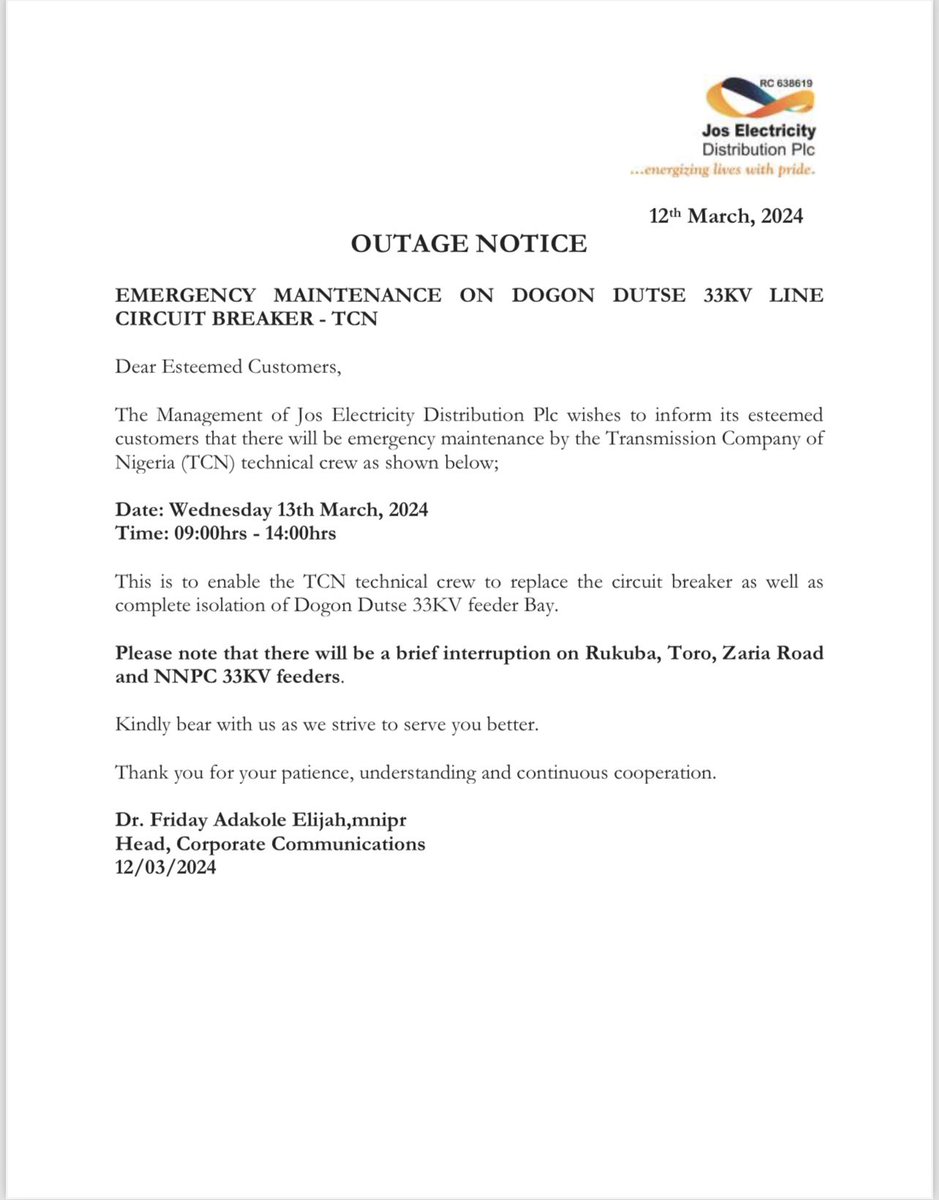 PLANNED OUTAGE BY TCN #jedplc #plannedoutage