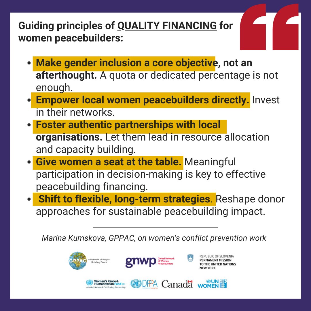 Discover how donors can amplify impact on the ground! Our joint work w/ @gnwp_gnwp, @whatthewomensay & #FeministFinancing group unveils key principles for maximising impact in local #prevention and #peacebuilding projects.

@SLOtoUN @UNDPPA @UN_Women @CanadaUN @wphfund

#CSW68 ⤵️