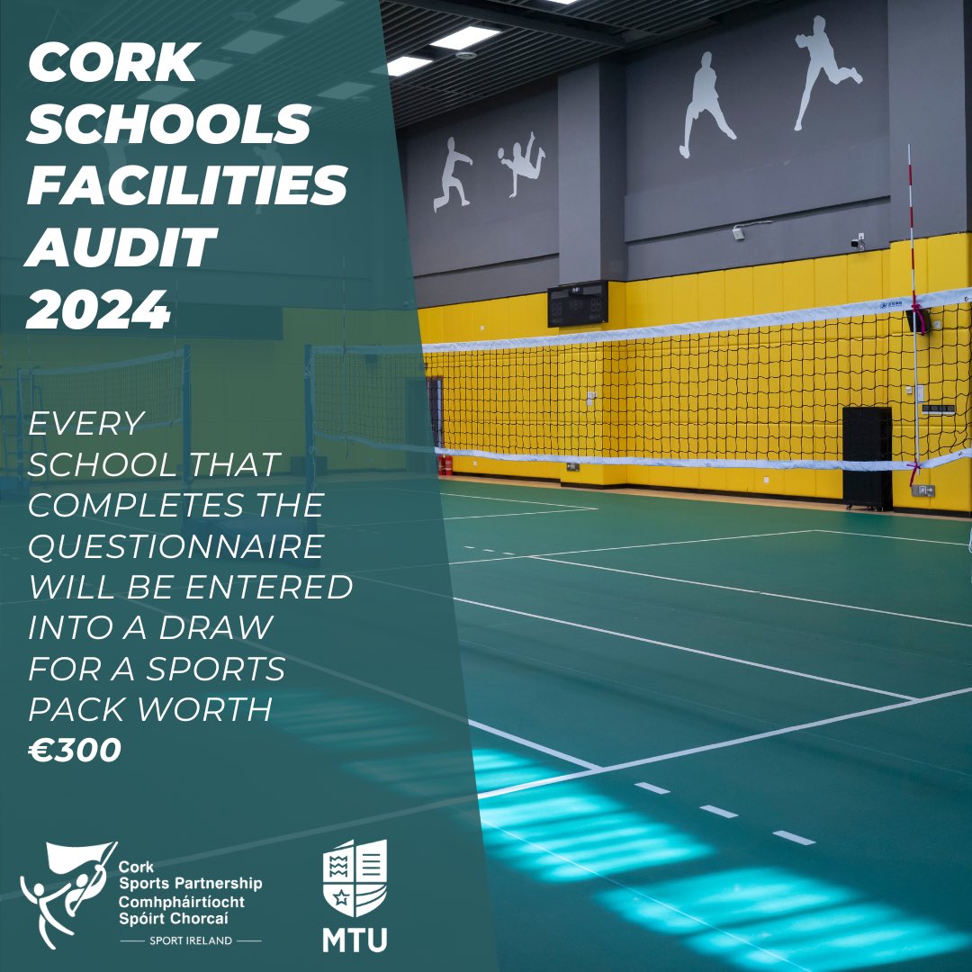 Cork Sports Partnership (@corksports) on Twitter photo 📣🤩 Cork Schools Facilities Audit 2024
<a href="/CorkSports/">Cork Sports Partnership</a> are currently conducting an audit of primary & secondary schools facilities in Cork & we need your help!
➡️ Complete the questionnaire & be in for the draw to win your school a sports equipment pack
ℹ️ shorturl.at/jsEV6 📣🤩 Cork Schools Facilities Audit 2024
<a href="/CorkSports/">Cork Sports Partnership</a> are currently conducting an audit of primary & secondary schools facilities in Cork & we need your help!
➡️ Complete the questionnaire & be in for the draw to win your school a sports equipment pack
ℹ️ shorturl.at/jsEV6