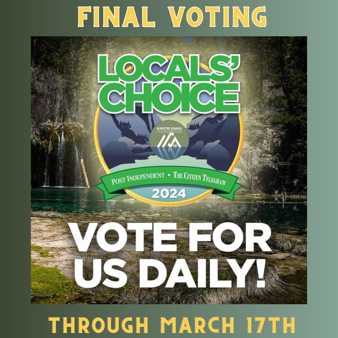 TweetTKEF's tweet photo. TKEF made it to the final voting round! We are one of the Top Five nonprofit organizations in the community category! This is the final voting round
Vote daily here- https://t.co/bNA50E9iJf
#tkef #localschoice #supportsmallnonprofits #colorado #glenwoodsprings #outdooreducation https://t.co/UnCD7jLpUr