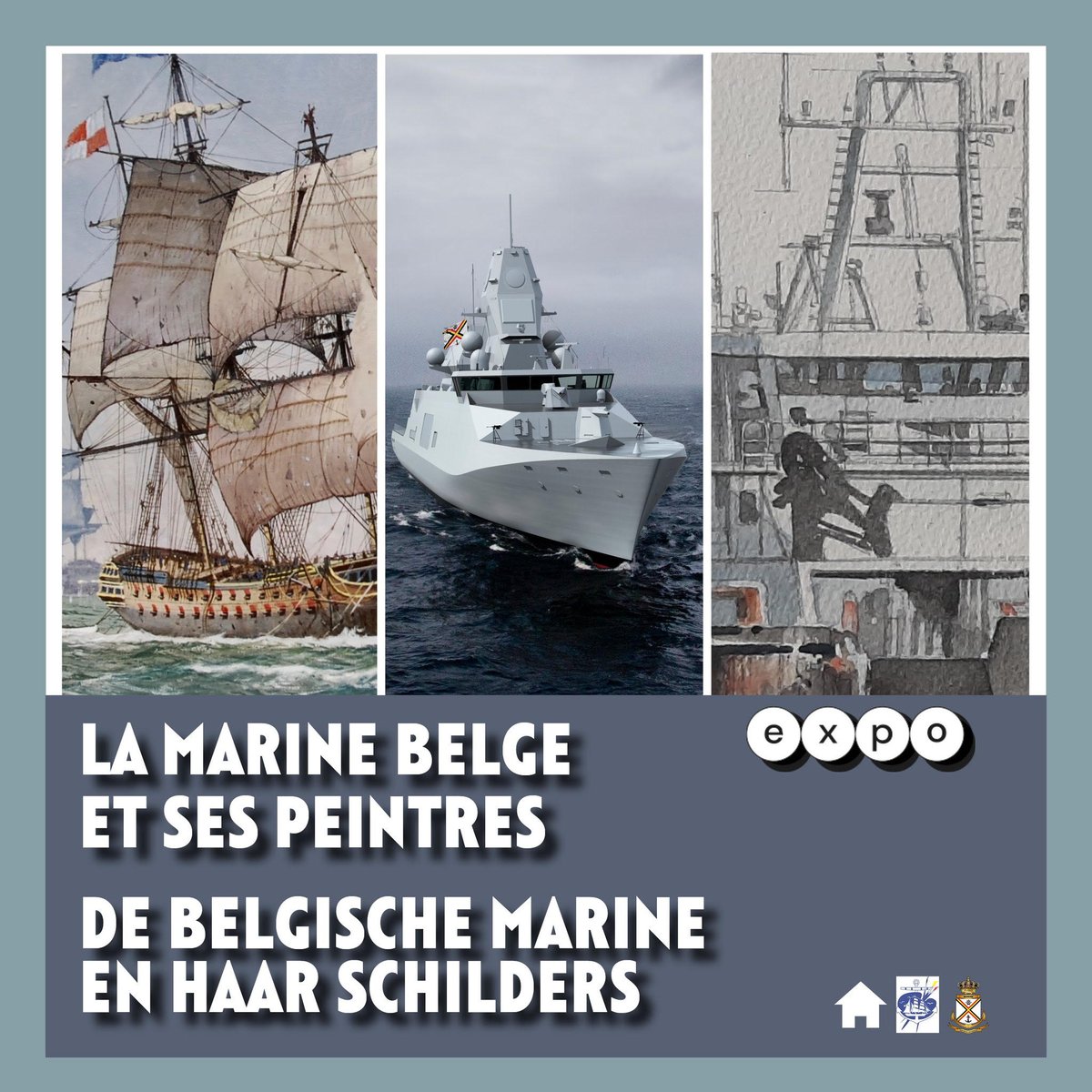 Tentoonstelling van Marineschilders op het Karreveld. Of wanneer de Marine in de kunst wordt afgebeeld. Exposition des peintres de la Marine au Karreveld. Ou quand la Marine est représentée dans l'art.