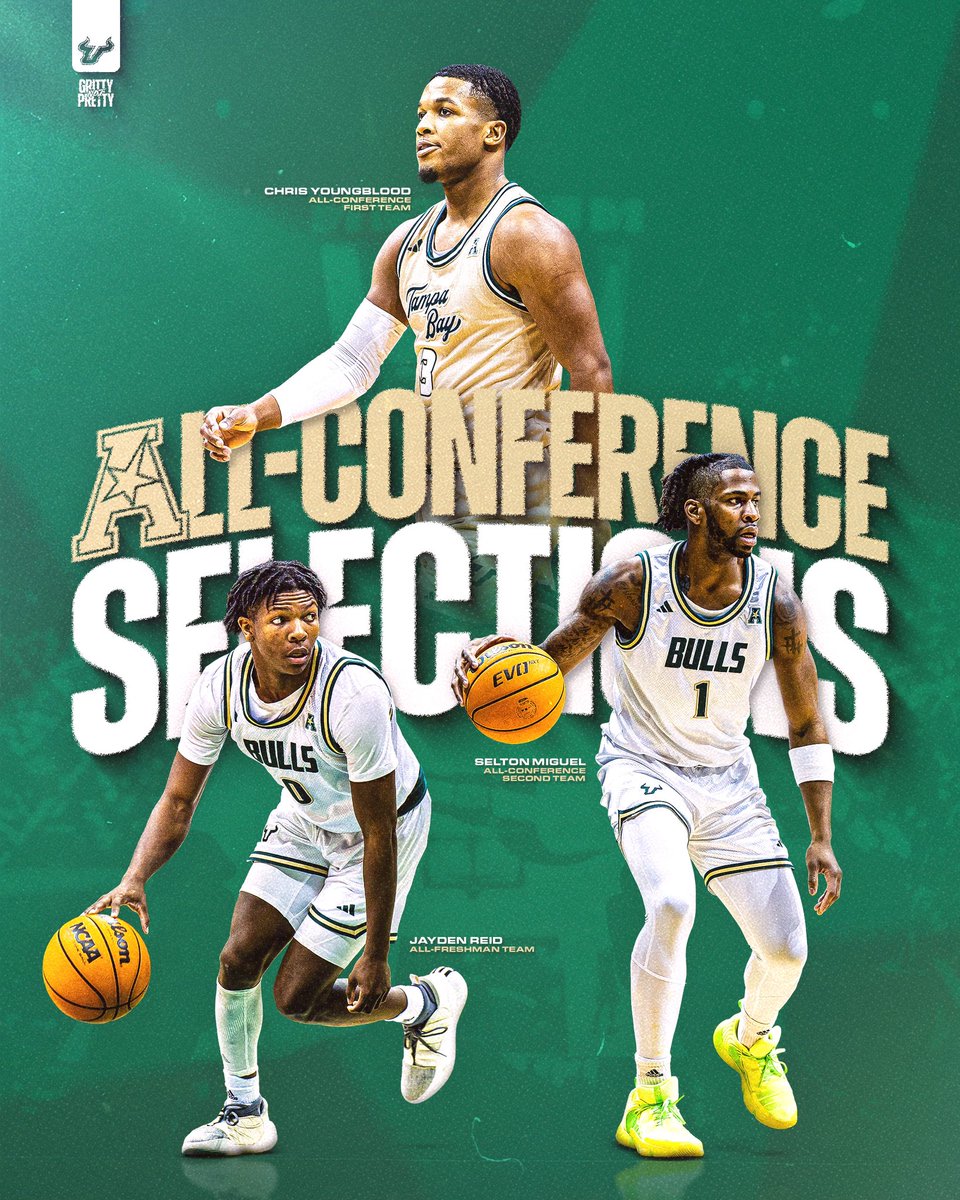 A trio of All-Conference honorees! 1st Team - @Youngbloo2Chris 2nd Team - @selton_miguel All-Freshman - @jaydenreid0 All the details: gobulls.co/4cga6X1 #HornsUp 🤘 | #EDGE