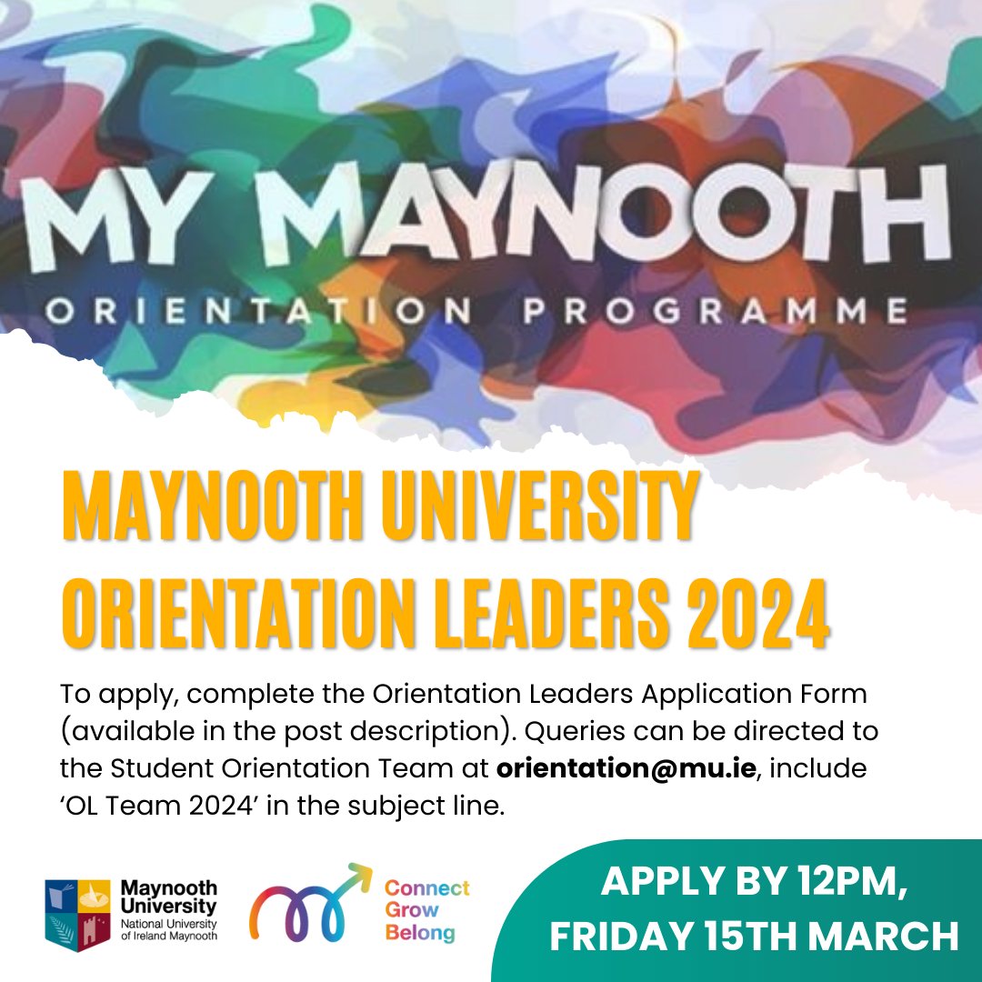 Maynooth University Orientation Leaders 2024. To apply, complete the Orientation Leaders Application Form: forms.office.com/pages/response… queries can be directed to the Student Orientation Team at orientation@mu.ie, include 'OL Team 2024' in the subject line. @MaynoothUni