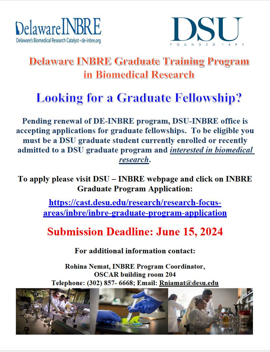 DSUAgSciTech's tweet photo. **For DSU graduate students** 
To apply, please visit the DSU – INBRE webpage and click the INBRE Graduate Program Application link: https://t.co/bsRGuQFFTj https://t.co/3bUArgohF4
