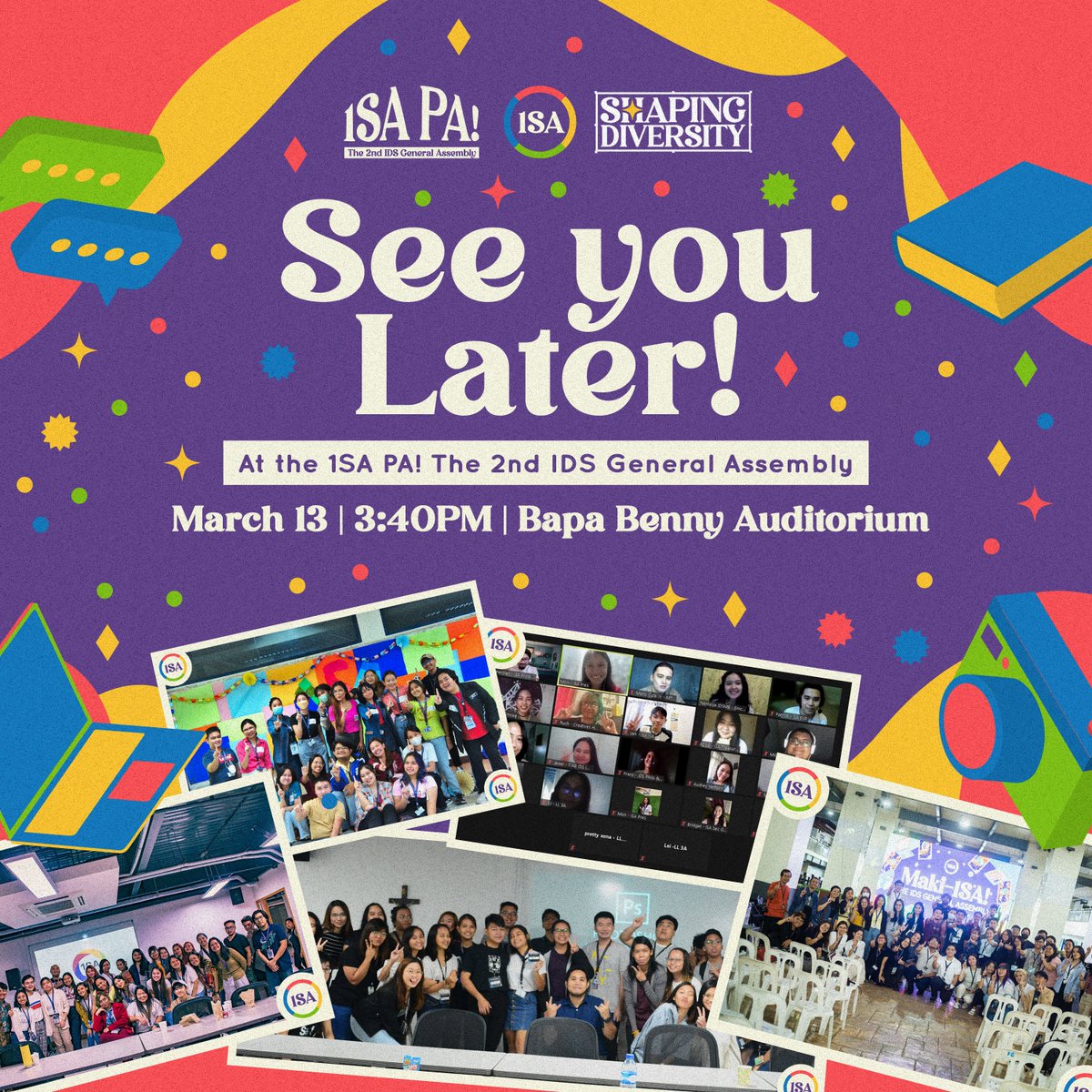 AdDU_ISA's tweet photo. Hey, mga Ka-1SA, it's almost time until we finally commence our "1𝐒𝐀 𝐏𝐀: 𝐓𝐡𝐞 𝐈𝐃𝐒 2𝐧𝐝 𝐆𝐞𝐧𝐞𝐫𝐚𝐥 𝐀𝐬𝐬𝐞𝐦𝐛𝐥𝐲!" 💜

Get ready to be inspired, enlightened, and engaged as we kick off this unforgettable get together as one community.

#ShapingDiversity🔮✨
#1SAPA https://t.co/ViKQchCFSO