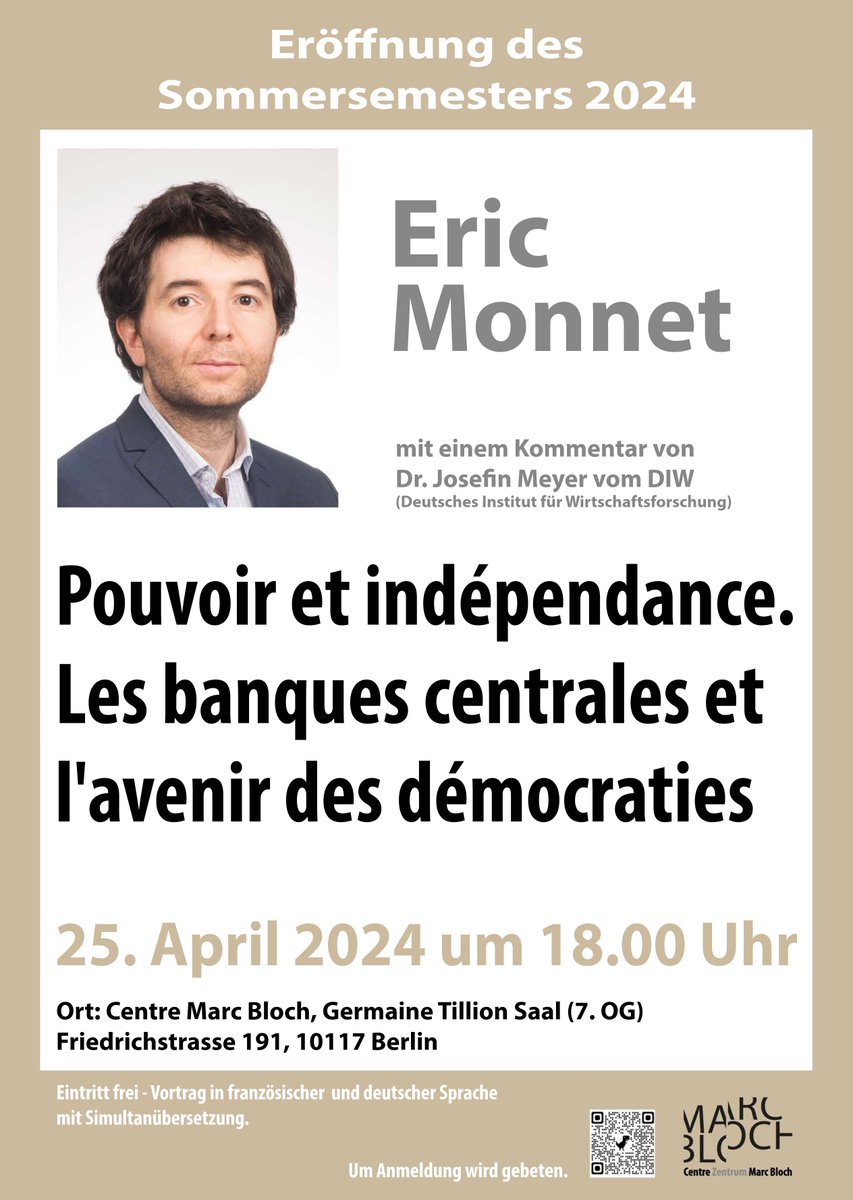 Le CMB a le plaisir de vous inviter à la conférence inaugurale du semestre d'été! L'économiste et historien Éric Monnet présentera son nouveau livre 'Pouvoir et indépendance. Les banques centrales et l'avenir des démocraties' - pour plus d'informations: cmb.hu-berlin.de/fr/agenda/even…