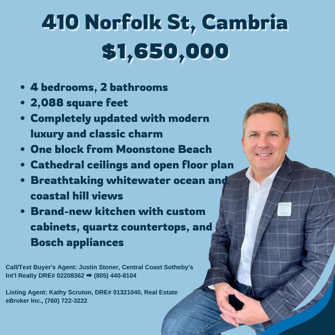 Justin4writing's tweet photo. 🌊 Dreaming of coastal bliss? This stunning Cambria home is just one block from Moonstone Beach! Completely updated with a mid-century nautical vibe, it features breathtaking ocean views, a brand-new kitchen, and luxurious bathrooms. #CambriaLiving   https://t.co/7InAu2BTJv https://t.co/muovoVGKRY