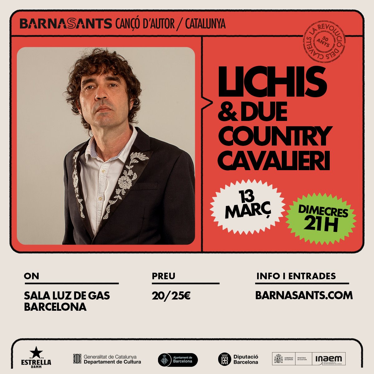 barnasants's tweet photo. Demà dimecres @Lichis_oficial  &amp; Due Country Cavalieri a Luz de Gas 🎶

📅 Dimecres 13 de març a les 21:00 h
🎟️ https://t.co/FEpDBNx6fV
📍@LuzdeGasCLub (BCN)

#Barnasants @cultura_cat @bcncultura @CulturaDIBA https://t.co/KRqcgcdPiM
