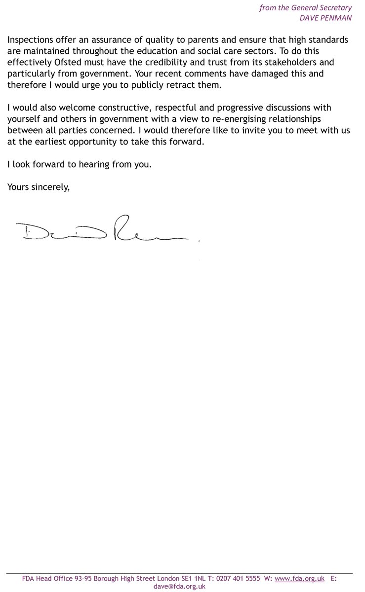 No Education Secretary should be stoking division between school leaders and Ofsted inspectors or using inflammatory language to try to curry favour. My letter to @GillianKeegan calling on her to withdraw her remarks and meet with us to build, not destroy, relationships in…