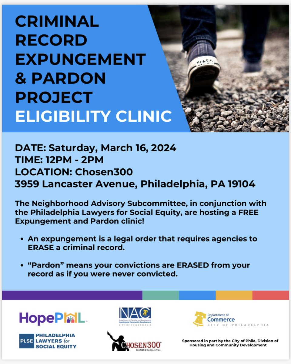 You won’t want to miss our next Criminal Record Expungement and Pardon Project Eligibility Clinic. We’re hosting it this Saturday at Noon with @hope_phl, @PHLPlanDevelop, Chosen300 Ministries, and @PHLCommerce.