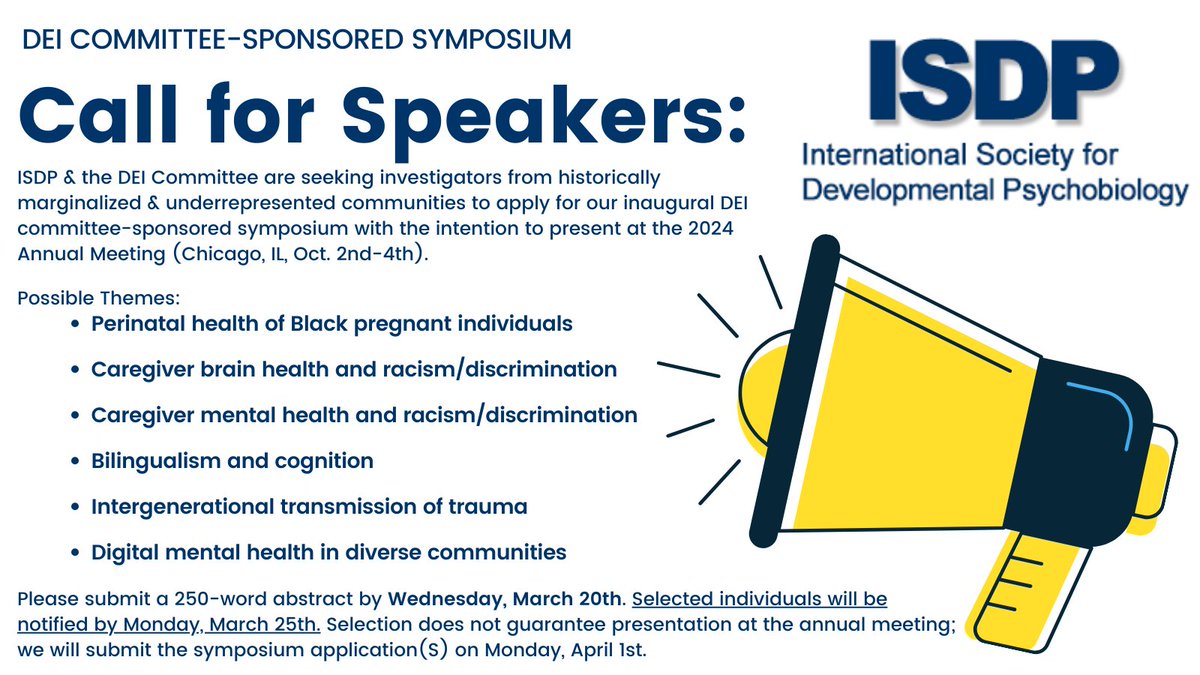 📣 Calling all investigators from underrepresented communities! @devpsybio & the DEI Committee invite you to submit abstracts to be considered for potential symposia for the 2024 Meeting in Chicago. Submission Form: bit.ly/isdp-dei-commi… #ISDPDEI #ISDP24 #DiversityInScience