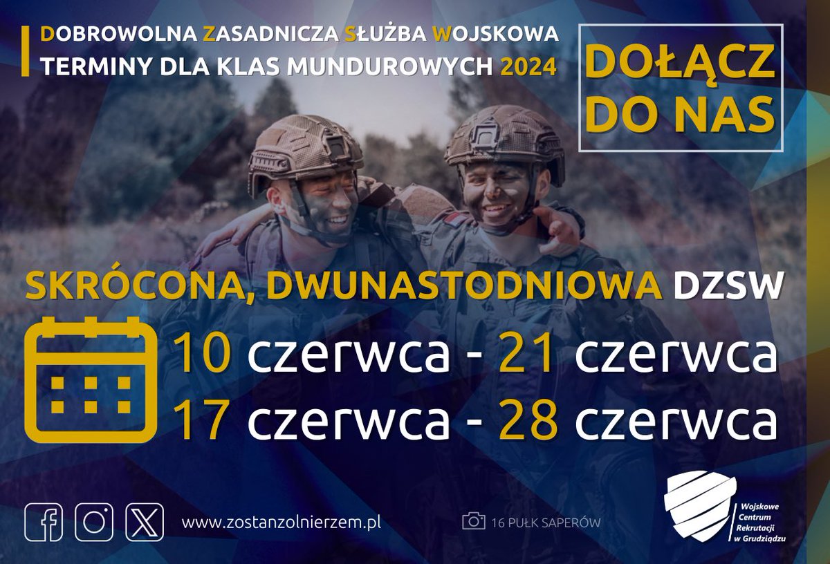 WCRGrudziadz's tweet photo. Skrócone 1️⃣2️⃣ dniowe szkolenie dla absolwentów #OPW oraz #CWKM odbędzie się w poniższych terminach👇
#DZSW #CWKM #SDZSW #WP https://t.co/f7fq8r6GcY