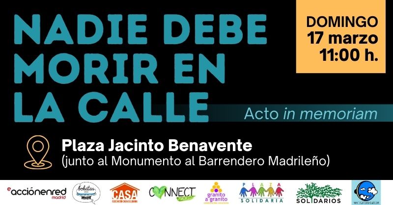 Vivir en la calle mata
Diferentes organizaciones de #voluntariado que trabajamos con personas #sinhogar queremos decirlo alto y claro: nadie debe morir en la calle.
Acompáñanos este domingo 17 de marzo a las 11h en #Madrid en un Acto In Memoriam