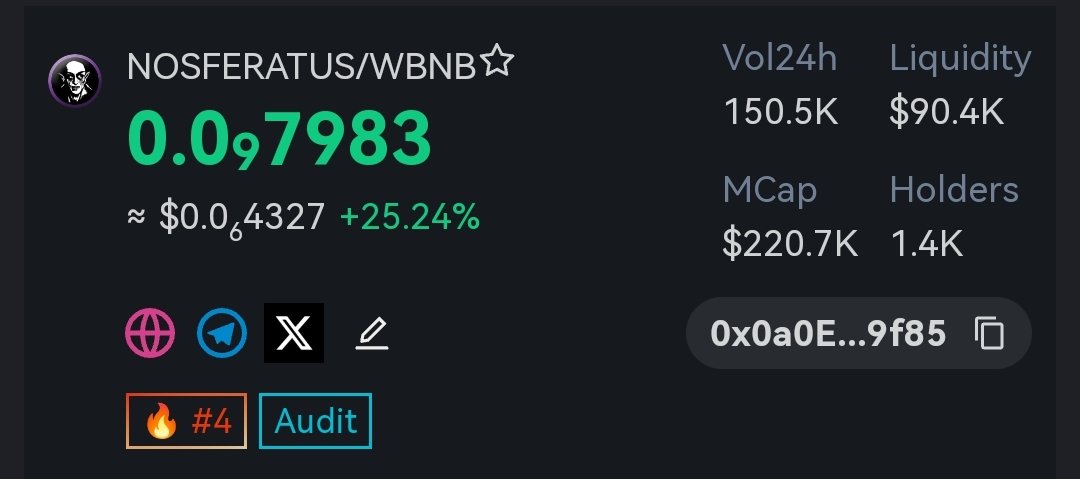 🧛🔥 DexView Trending Top #4!

dexview.com/bsc/0x0a0E49D2…

🔗 Join us: t.me/nosferatus_bsc

#NOSFE #BTC #BINANCE #ETH #CRYTO #CURRENCY #FLOKI #SHIBA #DOGE #PONKE #DEFI #STAKING #MEME #BSC