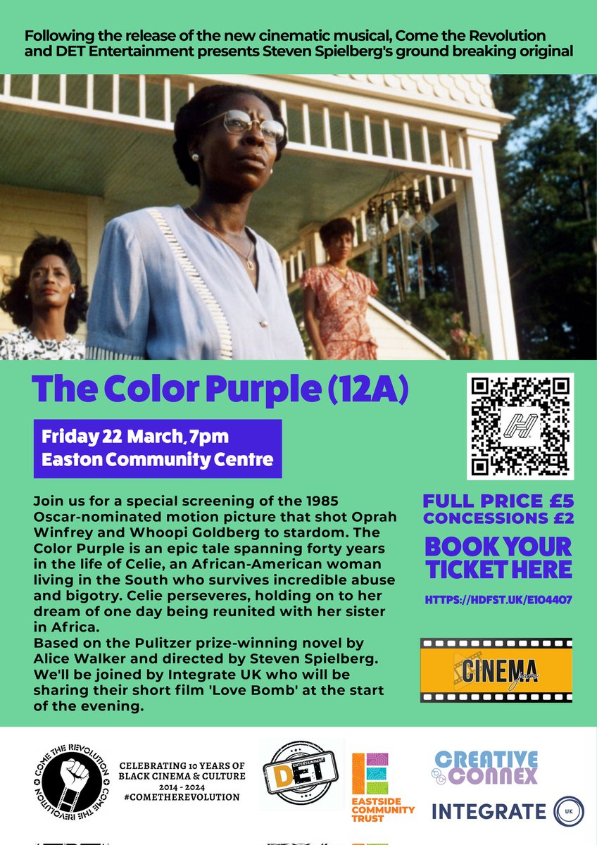 Re(visit) the #Oscar winning original #Colourpurple with a talk & screening of short flm #lovebomb by @_IntegrateUK @ConvoCinema @CineRedis @cometherev @AfrikaEyeFest @cables_cameras @CateringHouria