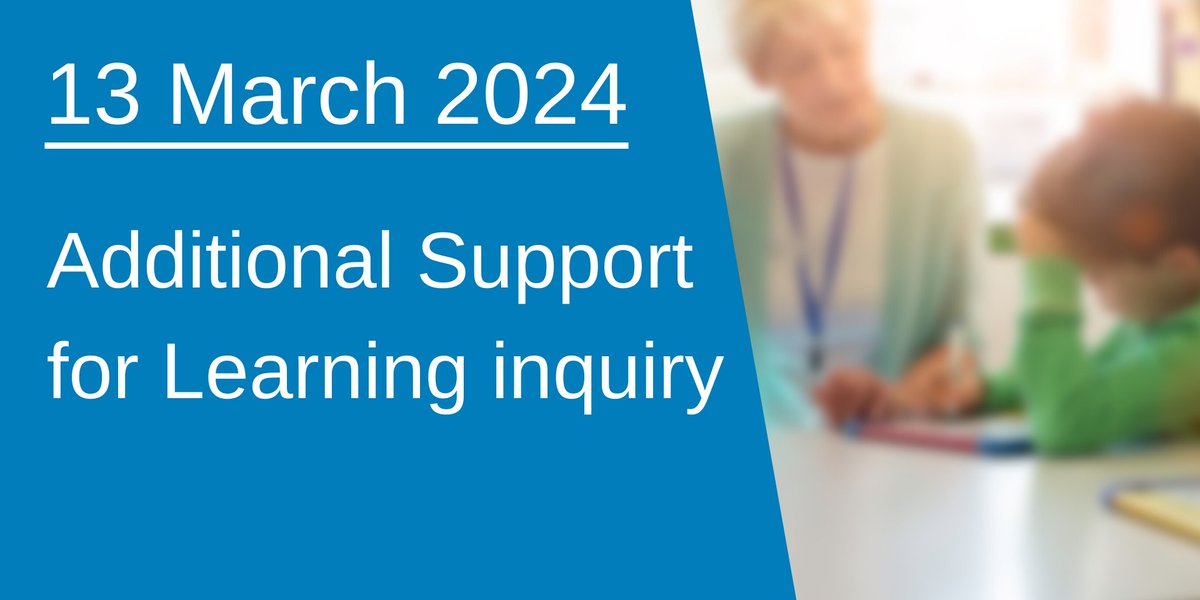 We'll continue our Additional Support for Learning inquiry tomorrow. Firstly, we'll hear the views of @CYPCS, @myrightsmysay and @GovanLawCentre. We'll then hear from @ADEScotland, @AuditScotland, @COSLA, @falkirkcouncil and @FifeCouncil. Watch from 9am: ow.ly/xvBO50QR4Hn