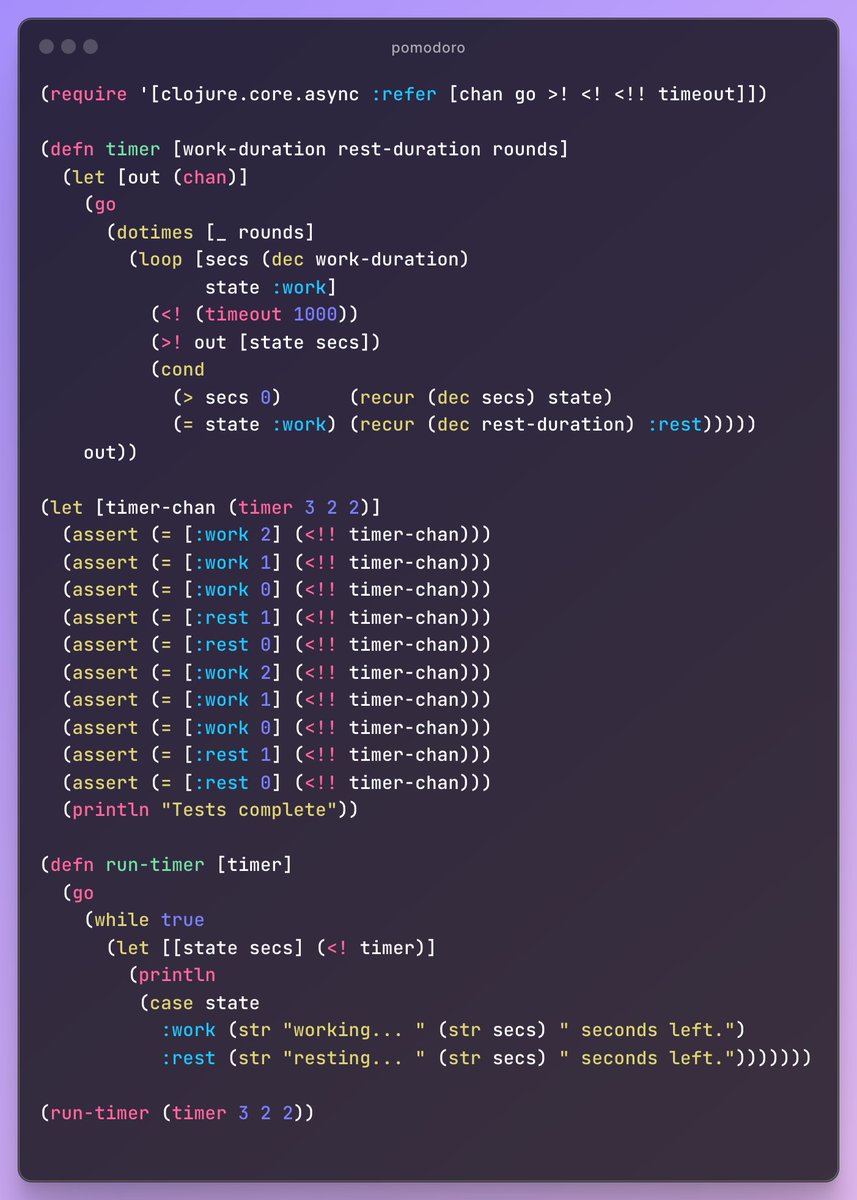 neilloos's tweet photo. @cassidoo My first time having a use for clojure async channels! I'm a week late but better late than never https://t.co/f2vauWWg8I https://t.co/KQJPHqsUf1
