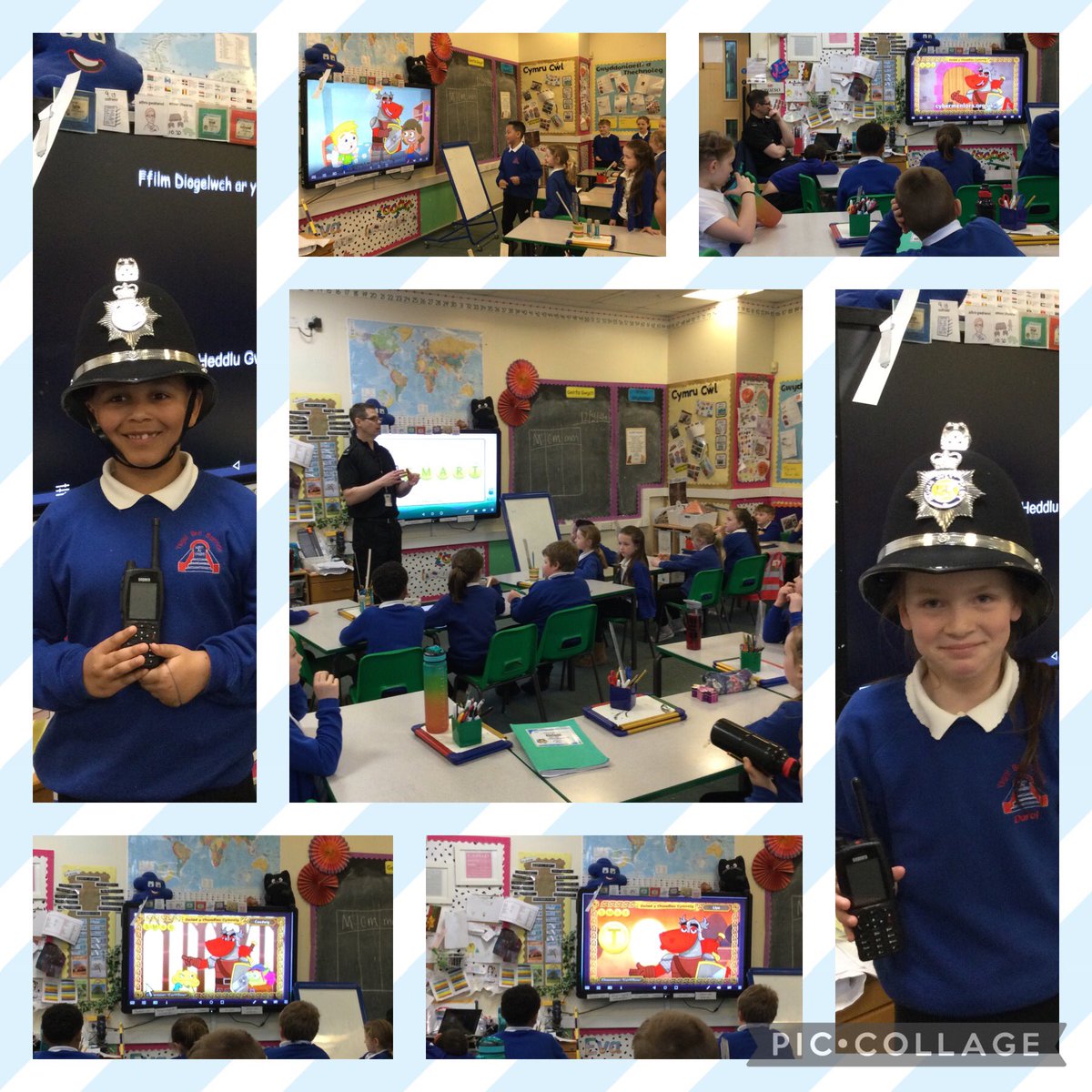 Ymweliad hyfryd o'r heddlu heddiw i drafod pwyscrwydd diogelwch ar lein 👮‍♂️🕹💻 #siarteriaithybs <a href="/MrJamieHallett/">Mr Hallett</a>  @YsgolBroSannan #Helygenybs