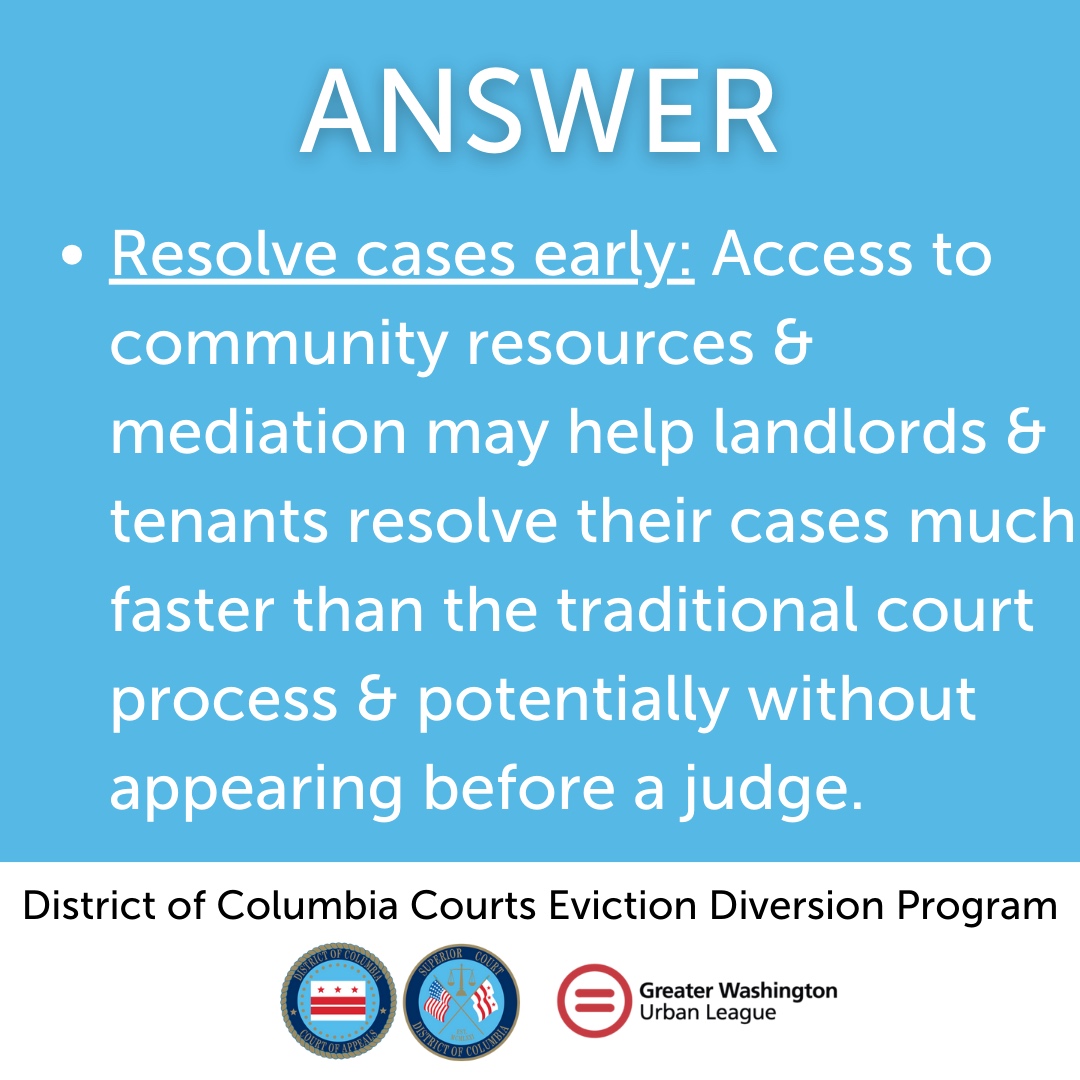 DCCourtsEDP's tweet photo. Why Sign up for DC Court's Eviction Diversion Program?

There are so many benefits, including access to resources, access to information, resolving cases early, help finding creative solutions and preventing the harmful effects of eviction. 

Learn more... https://t.co/PJUx8Qxj4C https://t.co/POgo3LrphV