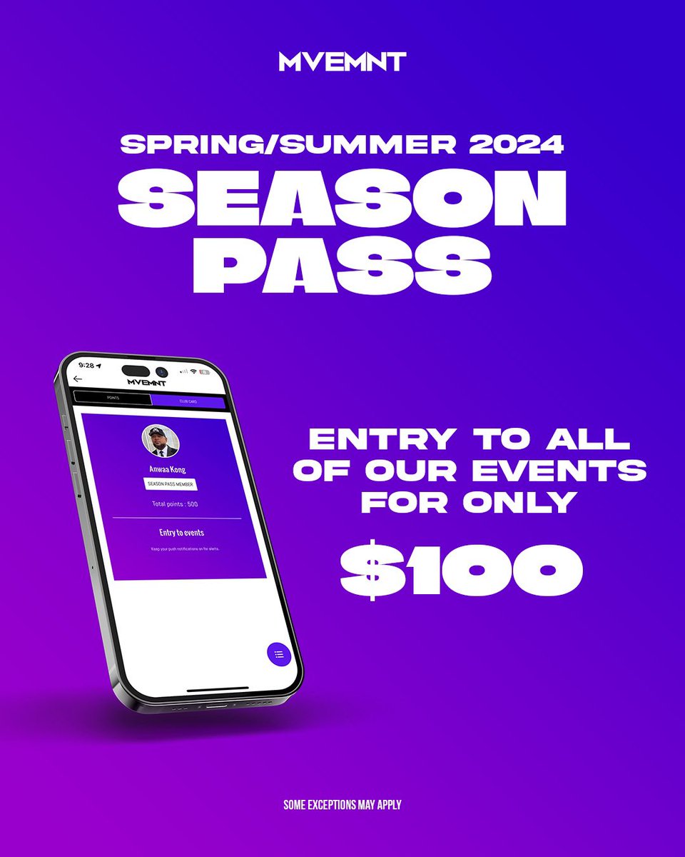 Secure savings with our Spring/Summer 2024 Season Pass. Enjoy entry to all our events, eliminating the need for individual tickets. Simply present your season pass through the MVEMNT iPhone app for easy access.