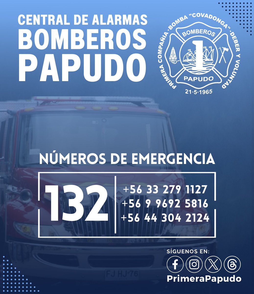 PrimeraPapudo's tweet photo. ¡Recuerda que siempre estaremos listos para servir! Ante emergencias, llama al 132 o a los números telefónicos señalados en la gráfica. https://t.co/gTn1f0Y38Y