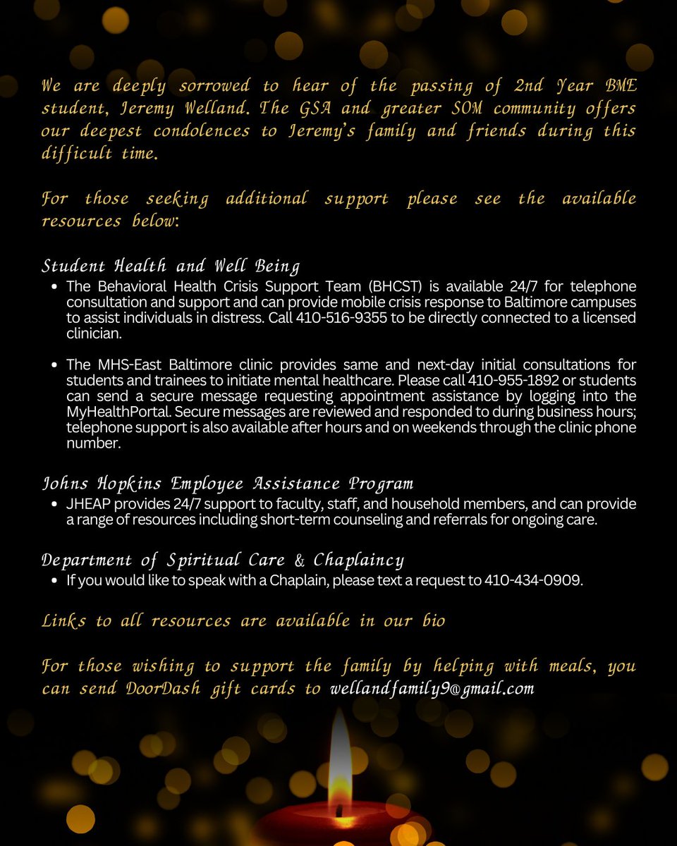 jhmi_gsa's tweet image. 🕯️Rest in Peace Jeremy🕯️For those that wish to honor Jeremy, the Welland family has invited the Johns Hopkins community to a service in his memory this Saturday, March 16th at 11:00am. The ceremony will be held at the Baltimore Center Stage, 700 N. Calvert St. Baltimore MD 21202.