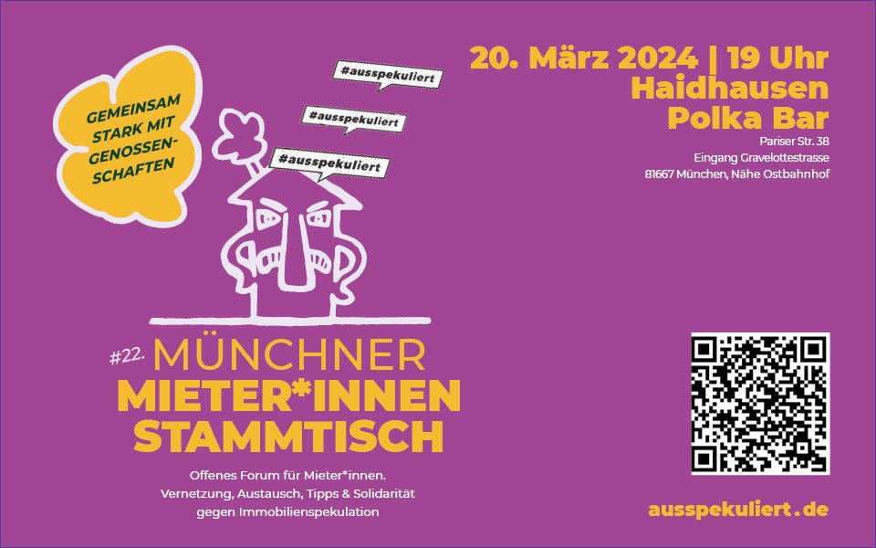 Der nächste Mieter*innenstammtisch steht an!

Im Fokus steht diesmal das Thema „Gemeinsam stark mit Genossenschaften“.

Habt ihr Erfahrungen und wollt davon berichten? Oder selbst Infos sammeln und neue Leute kennenlernen?

Kommt vorbei am 20.3. um 19 Uhr!
#ausspekuliert