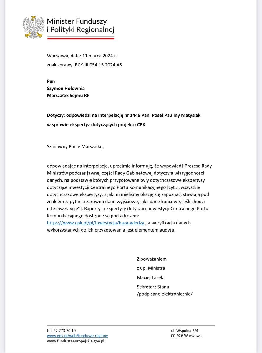 Pamiętacie wypowiedź premiera Tuska o tajemniczych ekspertyzach na temat CPK podczas Rady Gabinetowej?

No to jest już oficjalna odpowiedź na moją interpelację. 

Co ciekawe - Kancelaria <a href="/PremierRP/">Kancelaria Premiera</a> odpowiedziała inaczej <a href="/DemagogPL/">🔎 DEMAGOG</a>, niż <a href="/MFIPR_GOV_PL/">Ministerstwo Funduszy i Polityki Regionalnej</a> mnie xD

Kancelaria Prezesa