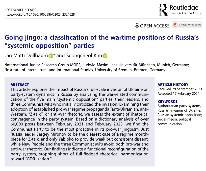 In this new open access piece in Post-Soviet Affairs, Seongcheol Kim and I study the political communication of Russian systemic opposition parties on the war against Ukraine. 1/7 tandfonline.com/doi/full/10.10…