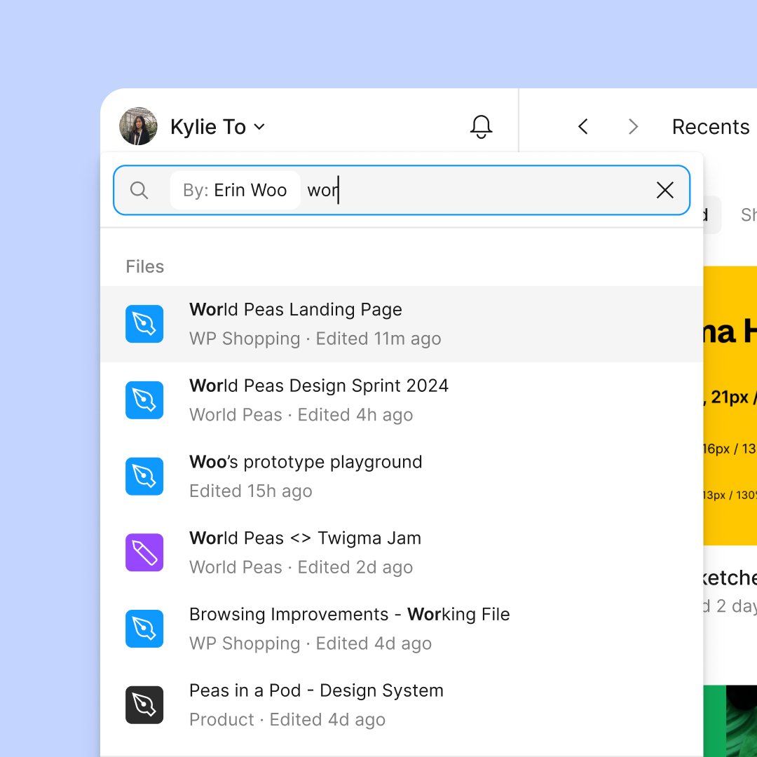 figma's tweet image. An update to search! Now you can filter file results by:
→ owner
→ file type
→ organization, team or folder