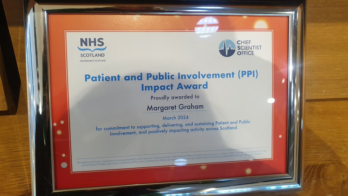 Delighted to collect the PPI IMPACT award on behalf of Margaret Graham at the NHS Scotland /CSO PPI event for all her work on the TOPSY study. She so deserves this recognition! Amazing inspiring day also! @NHSResearchScot @CSO_Scotland