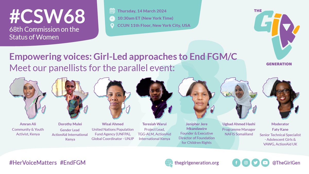 Are you at #CSW68 ? Join us on Thursday 14th March 2024 at 10:30am ET ( New York Time) and learn about @TheGirlGen girl-led approaches to #EndFGM /C. Venue: CCUN 11th Floor.
