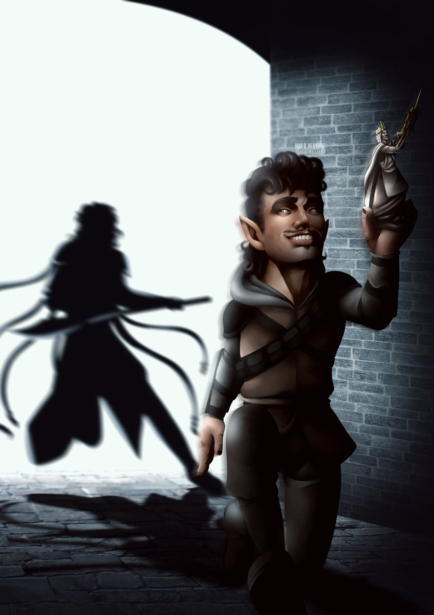 Corelas (moon elf bard) and Dago (halfling rogue) from my D&amp;D party. They are very much in love and share a braincell ❤️

#dndart