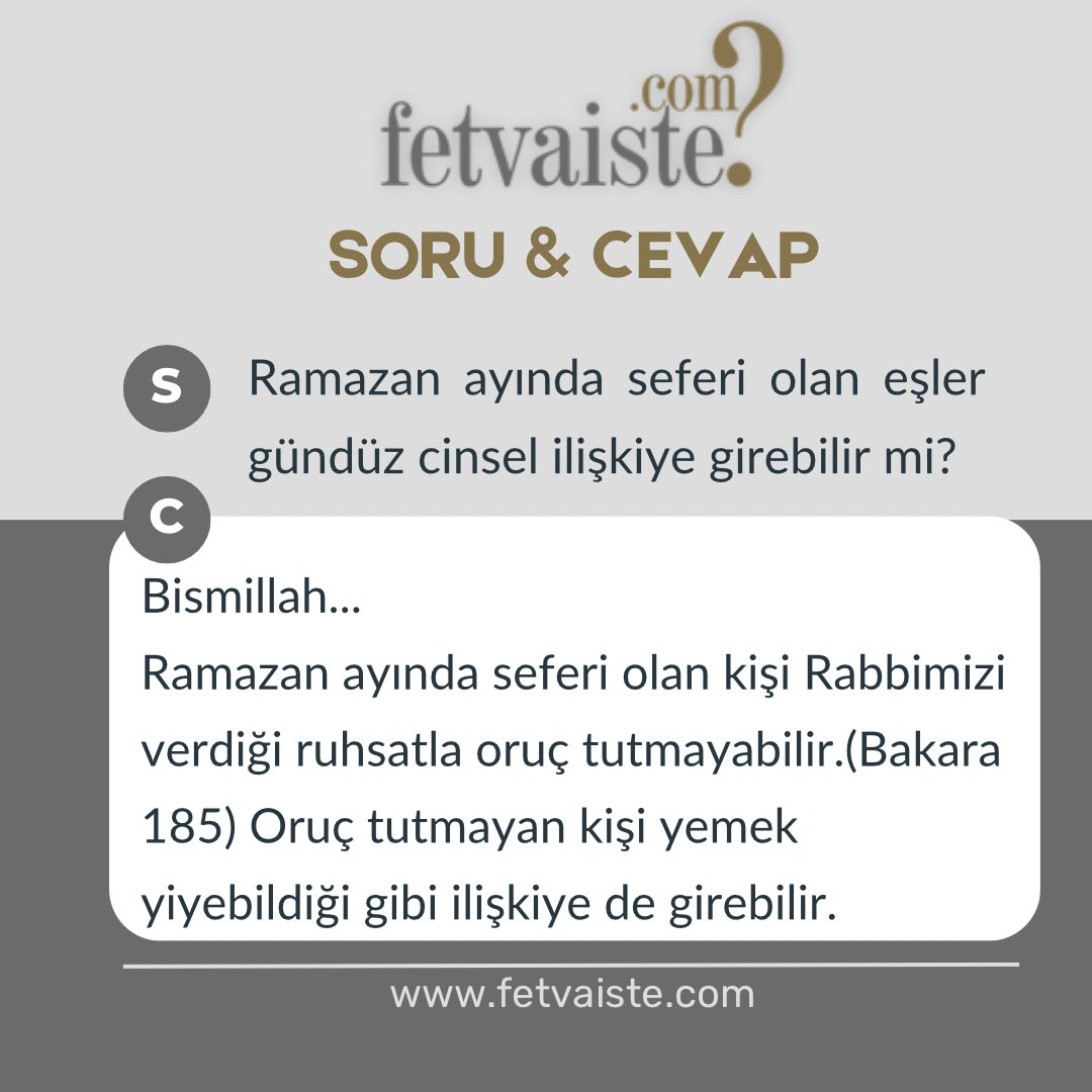 Fetvaiste's tweet photo. .
Ramazan ayında seferi olan eşler gündüz cinsel ilişkiye girebilir mi?
#fetvaiste #fetva #fetvameclisi #fetvalar #birfetva #fetvakurulu #videofetva #ölüm #ahiret #kabir #cenaze #fetvahattı #fetvanet #fetvayokusu #fetvasor #fetvahane #fetvavar #diyanetfetva #fetvasorucevap #kurb https://t.co/2qxFEloTWd