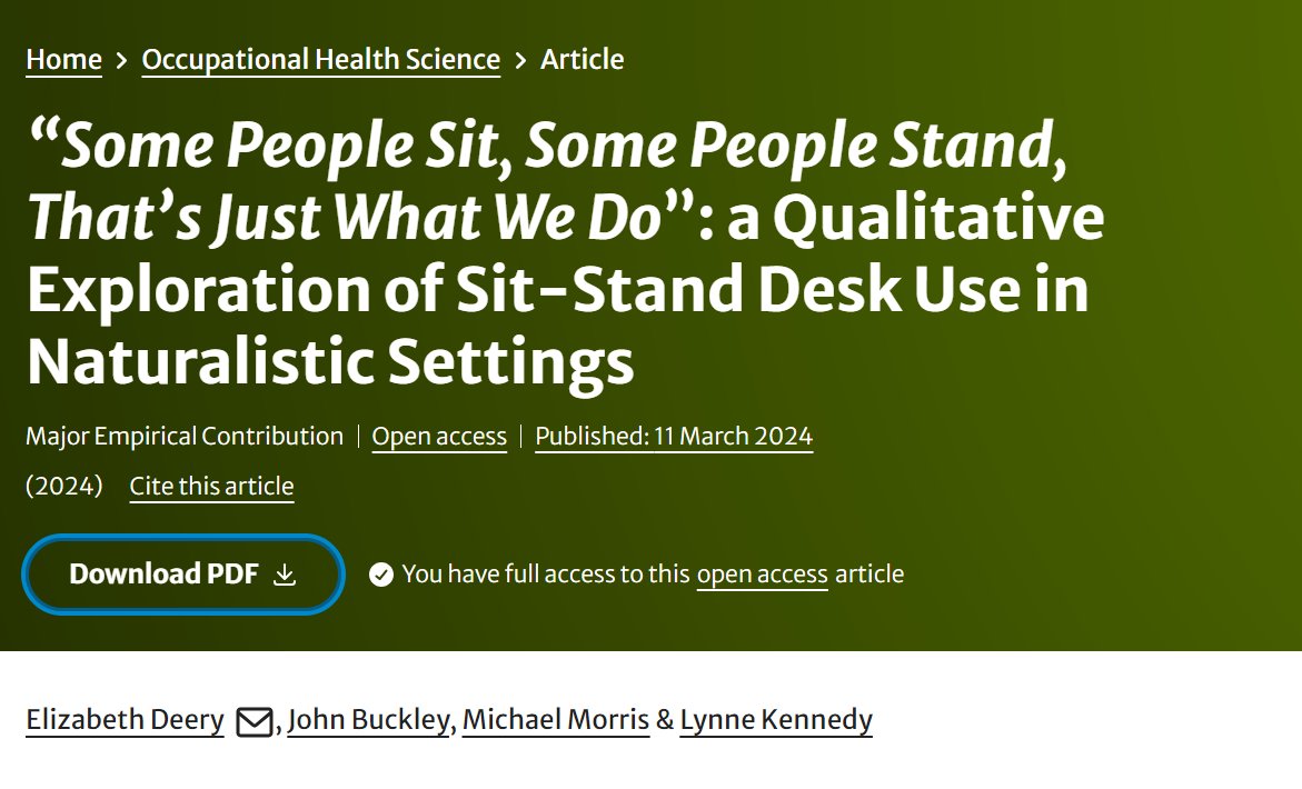 Delighted to see our #research on #sedentarywork and #sitstanddesks, published with @SpringerNature in Occupational Health Science rdcu.be/dAUxU
