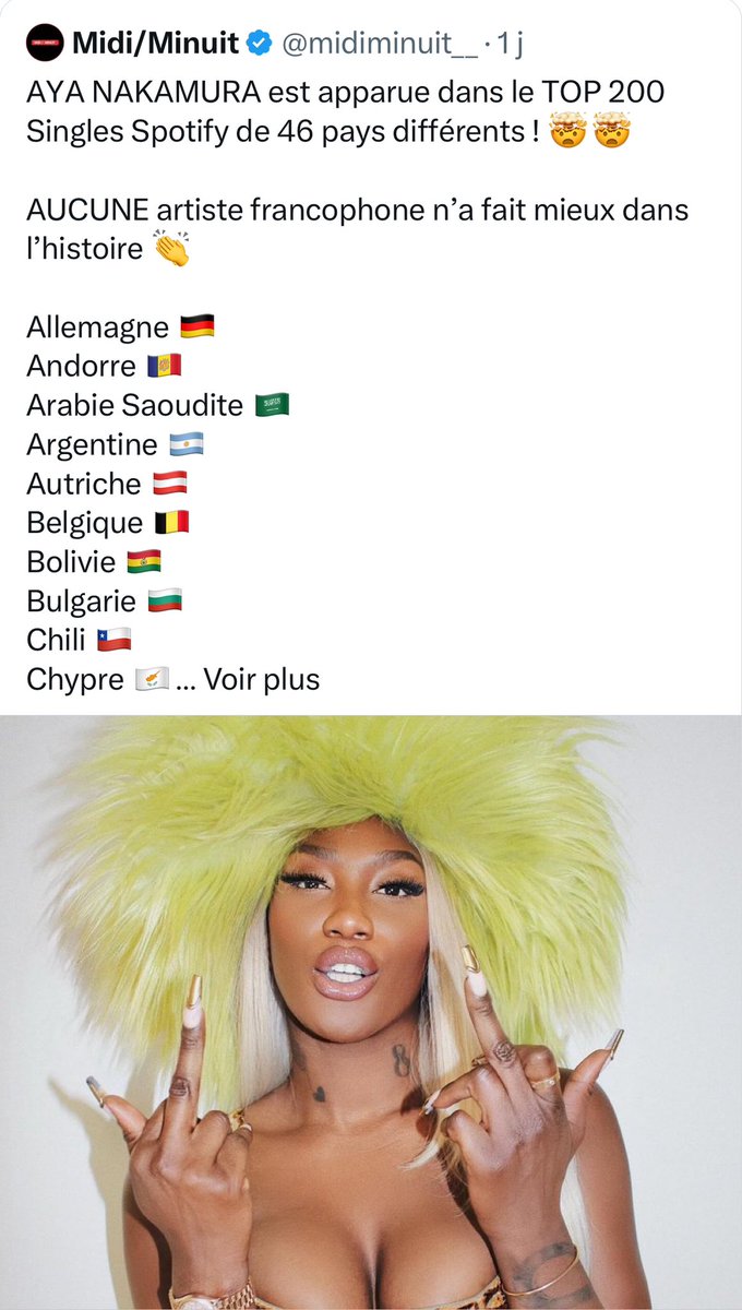 hausofaxouu's tweet photo. Aya Nakamura pourrait être une fierté pour la France, elle rayonne à l’international et fait danser les plus grands (Rihanna, Madonna, Alicia Keys, …), mais on préfère la traîner dans la boue parce qu’on veut pas d’une femme noire aux JO.
J’ai honte de mon pays.
#AyaJO2024 https://t.co/MlTHk2tekR