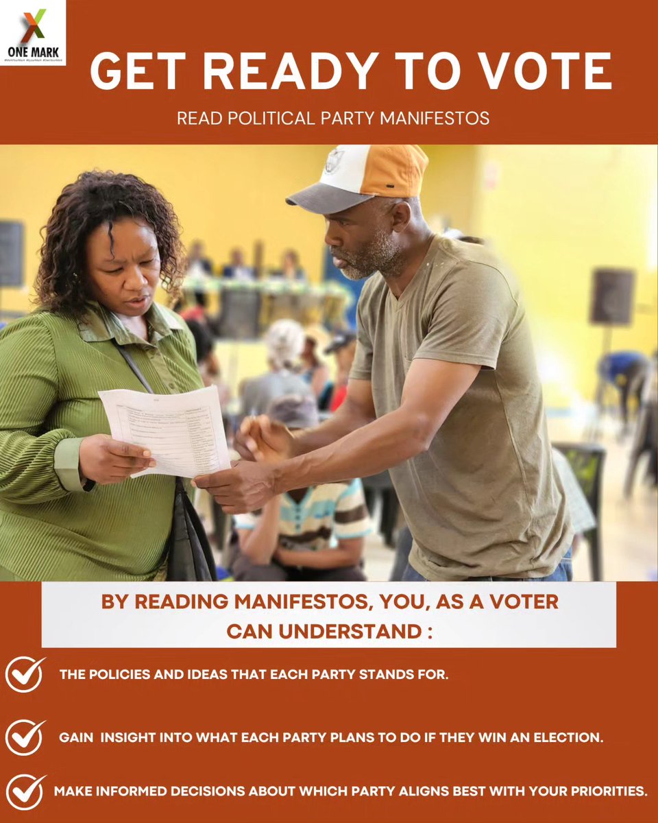 _OneMark's tweet photo. Get ready to vote from an informed perspective and start by reading political party manifestos. Find out exactly where various parties stand on key issues that you care about, and then make an informed decision.
#kenakoletsvote
#SAelections24 
#civiceducation https://t.co/HFZ5dfMz0j