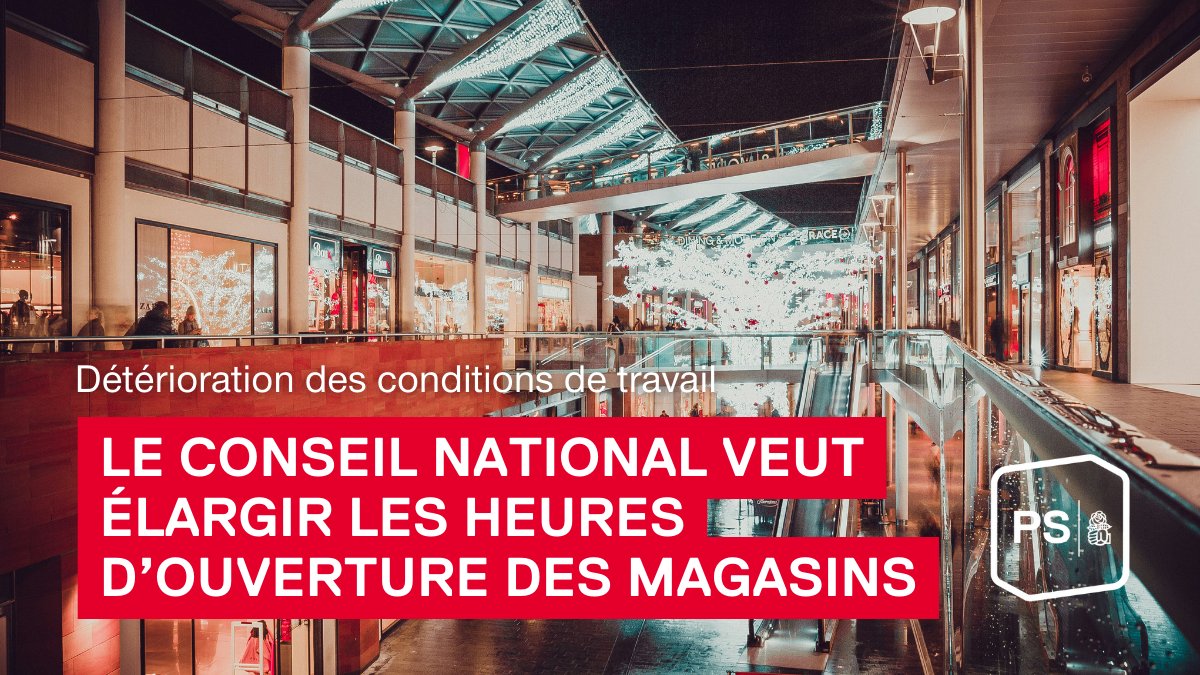 Scandaleux ! Le Conseil national a approuvé une motion du PLR visant à assouplir les heures d’ouverture des magasins et à permettre davantage de travail le dimanche. Le <a href="/PSSuisse/">PS Suisse</a> combattra cette détérioration massive des conditions de travail du personnel de vente.