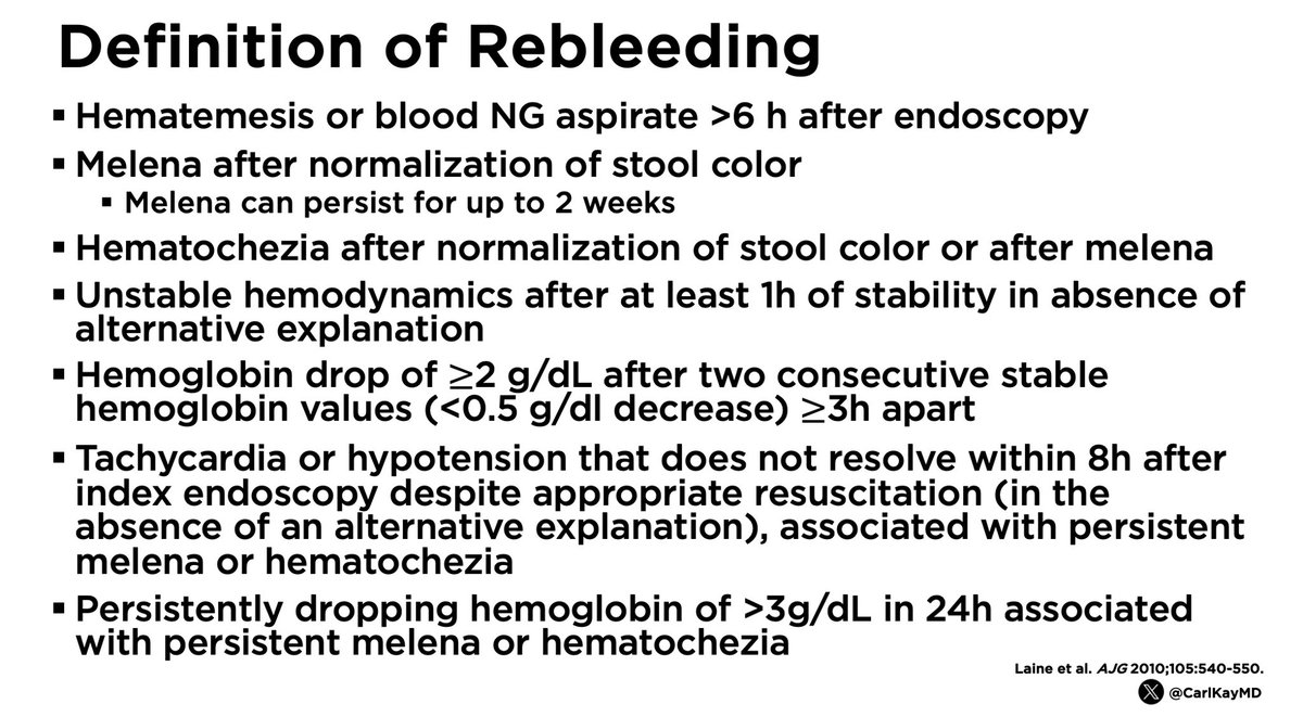 Definition of Rebleeding ▪️Hematemesis >6h after endoscopy ▪️Melena after normalization of 💩 ▪️Unstable vitals >1 h of stability ▪️Hb 📉 2g/dL after 2 stable values ▪️⬆️HR or ⬇️BP that doesn’t resolve ▪️🩸+ persistent 📉Hb (3g/dL in 24h) 🔗 pubmed.ncbi.nlm.nih.gov/20029415/ #GITwitter