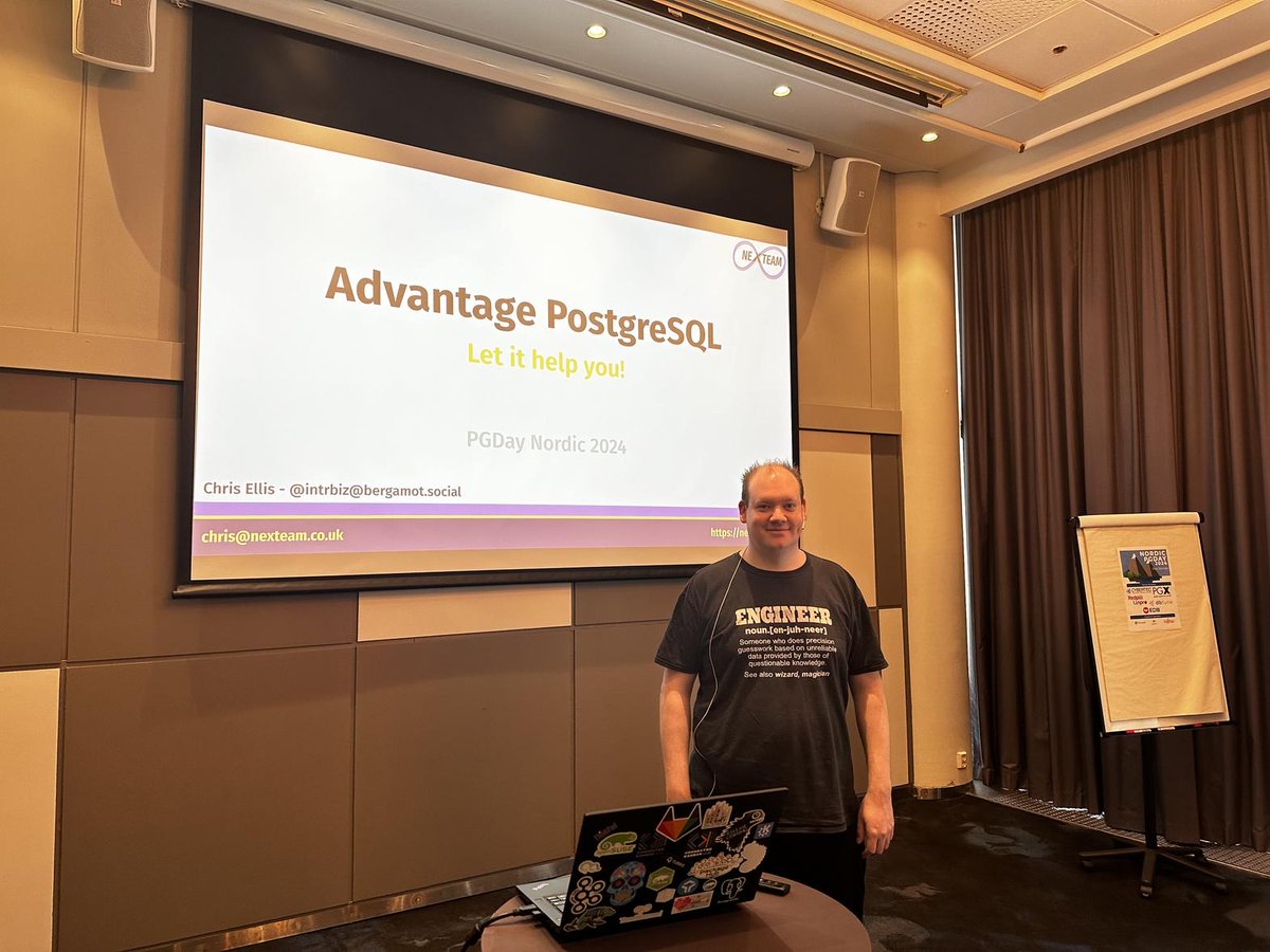 Our next speaker @intrbiz is ready to tell us about the advantages of PostgreSQL #postgresql #database #oslo #opensource