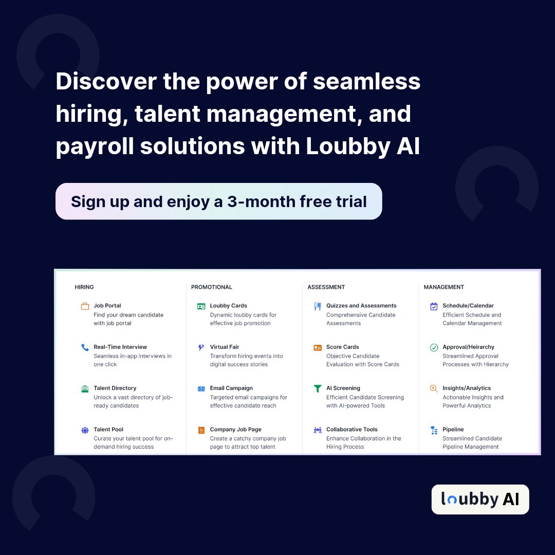 🗝️Unlock seamless hiring, talent management, and payroll solutions at loubby.ai
.
.
.
.
#loubbyai #hiring #talentmanagement #payrollsolutions #techjobs #africatalent #startup #recruiting