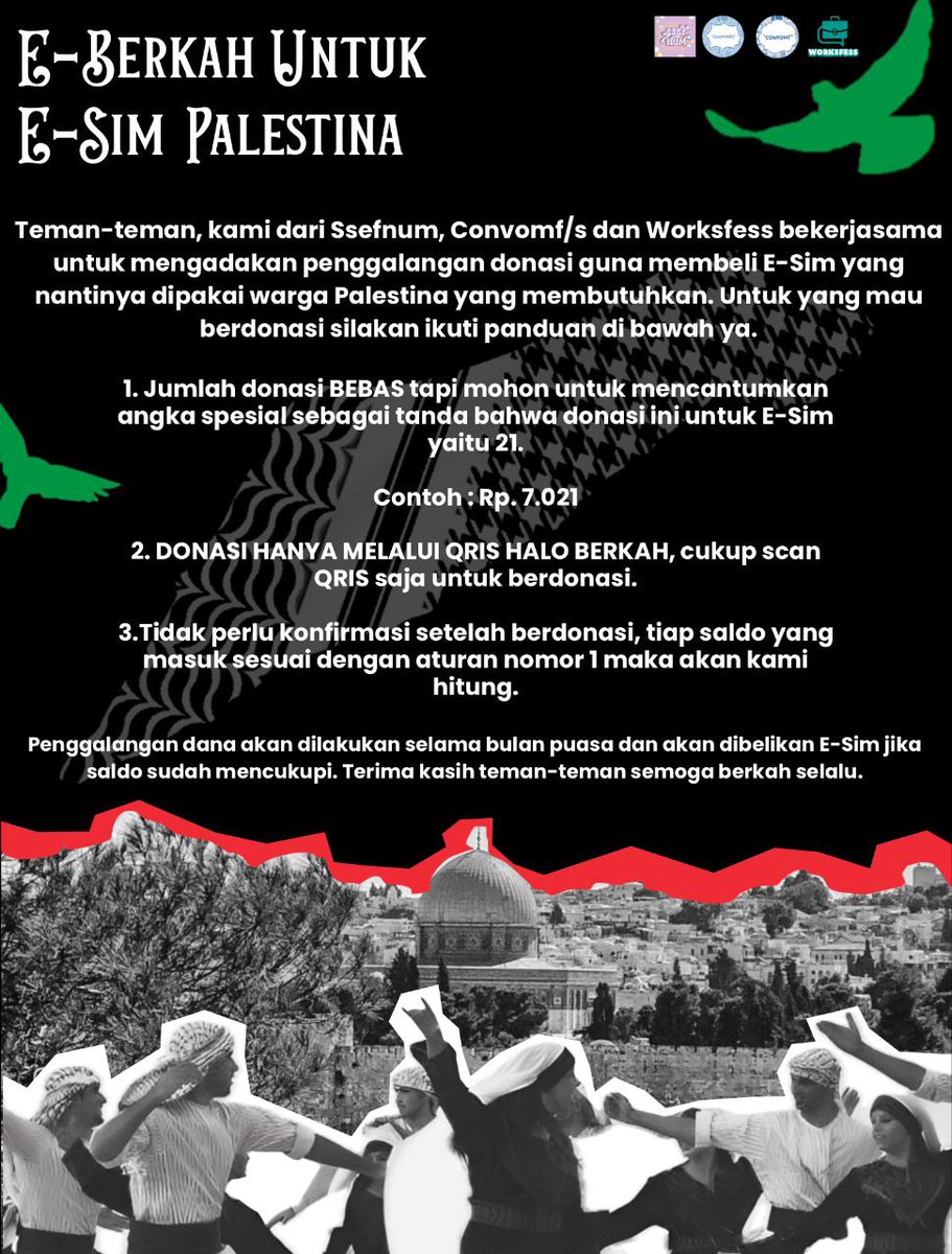 worksfess's tweet image. [ E-BERKAH UNTUK PALESTINA ]

Halo! Kami membuka donasi untuk pembelian E-Sim bagi warga Palestina. Kami berharap dapat memberikan bantuan kepada banyak saudara-saudara kita yang membutuhkan di sana, akses terdekat yang bisa kita lakukan adalah dengan membeli E-Sim. Bantuan
