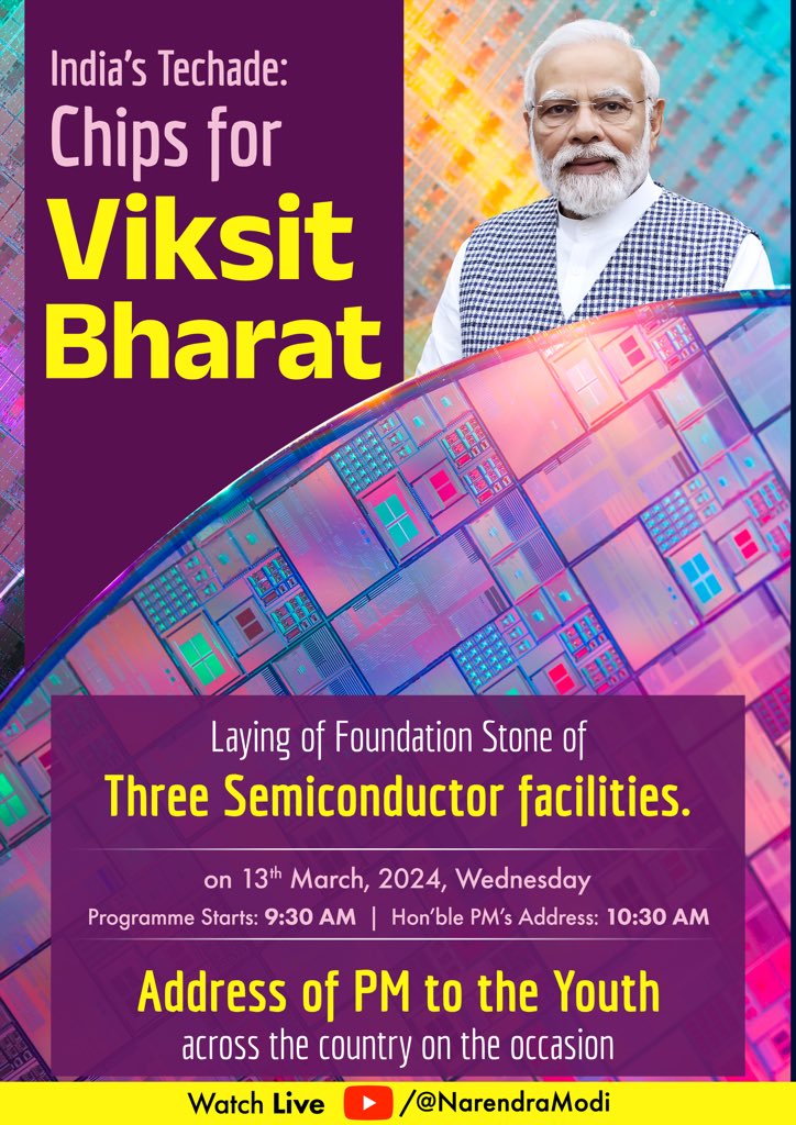 Catalysing India’s semiconductor ecosystem! Tomorrow, 13th March, Hon. PM @narendramodi ji will lay the foundation stone of 3 semiconductor facilities worth ₹1.25 lakh crore and also address youth. Establishment of these facilities will pave the way for India’s emergence as a