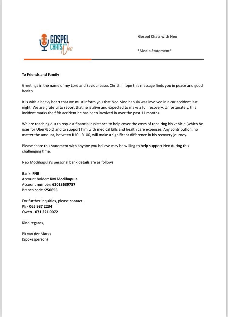 I am writing to all of you in good faith, imploring that we band together to stand in the gap for one of our own @NeoModihapula. We are asking for just a day of grace & assistance. Neo is a blessing to most of us & the most we can do it help where we can. Please help us…