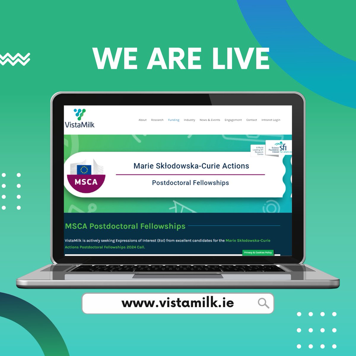 Our Marie Curie Postdoctoral Fellowship call is live and you will find all the information you need to apply on our brand new funding page 👉 vistamilk.ie/marie-sklodows… #PostdoctoralFellowship